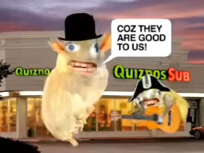 Distorted animated characters in hats outside a Quiznos Sub restaurant in a creepy commercial scene.