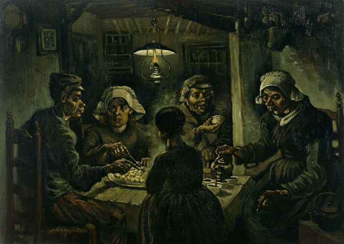 Dark interior scene featuring a group of people sharing a meal, showcasing one of the famous paintings that changed art forever.
