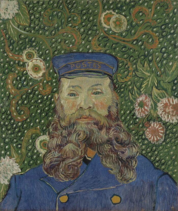 Portrait of a bearded man in blue uniform with floral patterned background, representing famous paintings that changed art forever.