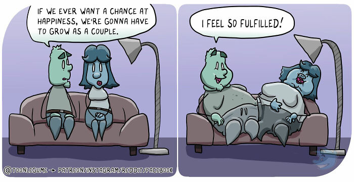 Comic artist captures life’s awkward and absurd moments in a humorous couple’s conversation on a couch.