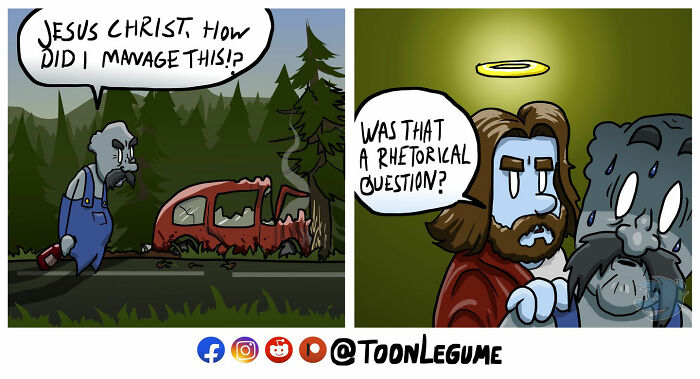 Comic artist depicts an awkward, absurd moment with a distressed man and a character resembling Jesus in a forest setting.