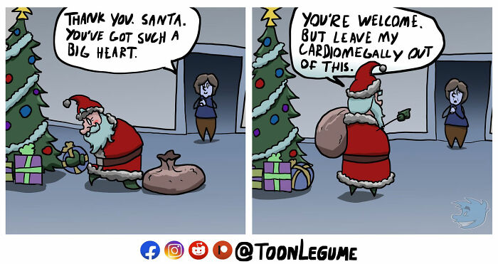 Comic artist humorously captures life’s awkward moments with a Santa scene showing a misunderstanding about cardiomegaly.