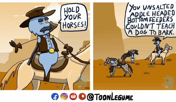 Comic artist’s absurd and awkward moment showing a cowboy on horseback with humorous speech in a desert setting.