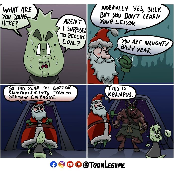 Comic artist’s illustration of awkward, absurd moment featuring Santa, Krampus, and a worried character anticipating coal.