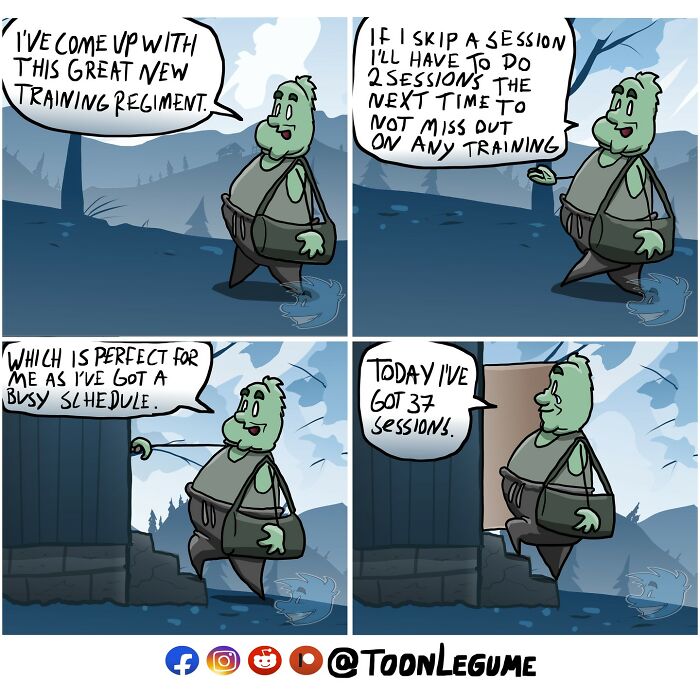 Comic artist humorously capturing life's awkward moments with a character explaining an absurd workout routine in four panels.