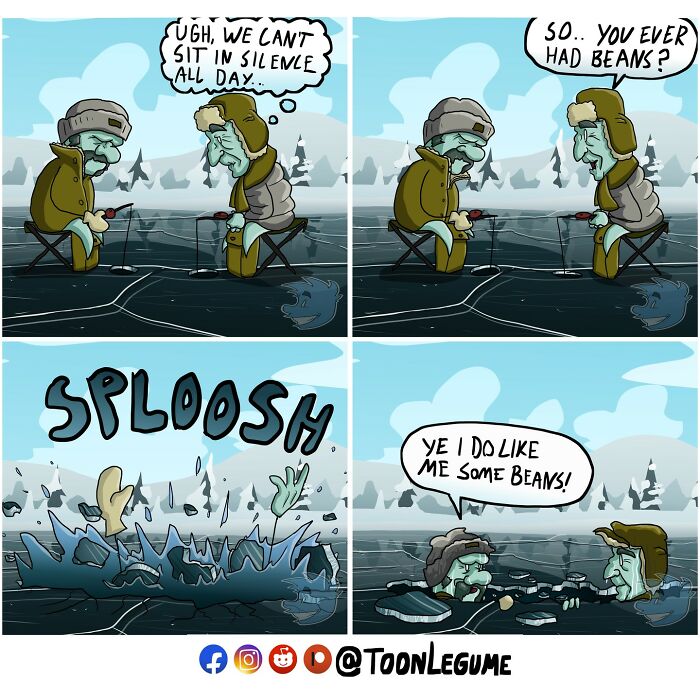 Comic artist captures life’s awkward and absurd moments with two fishermen falling through ice in a humorous scene.