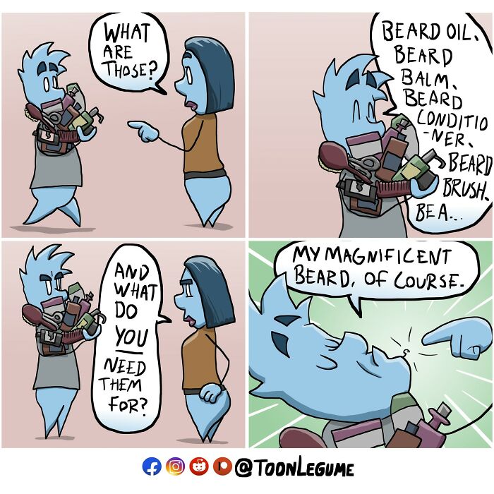 Comic artist humor shows awkward moments with a character humorously explaining beard care products and pride in their beard.