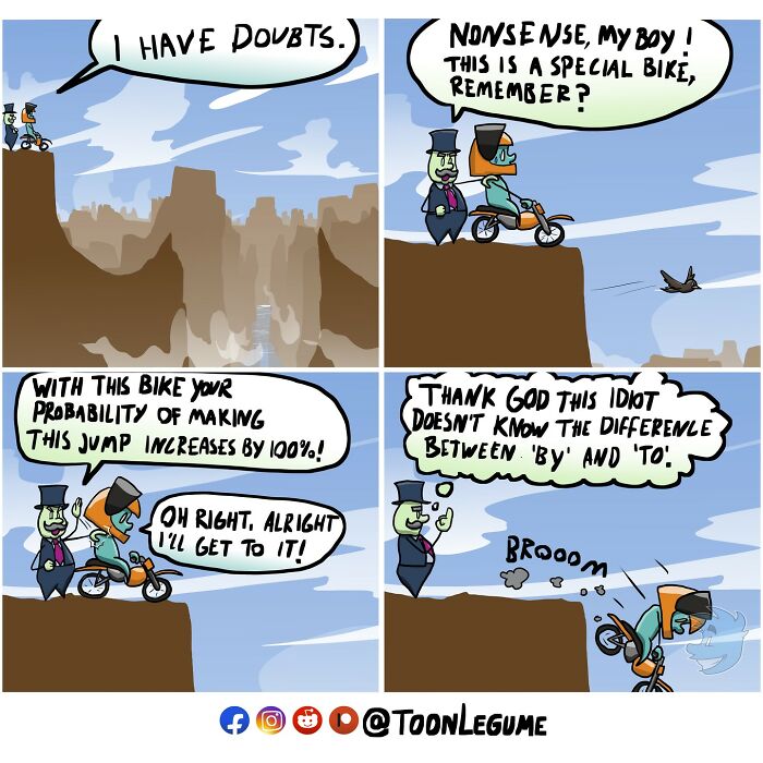 Comic artist capturing awkward and absurd moments with a humorous bike jump scene over a canyon cliff.