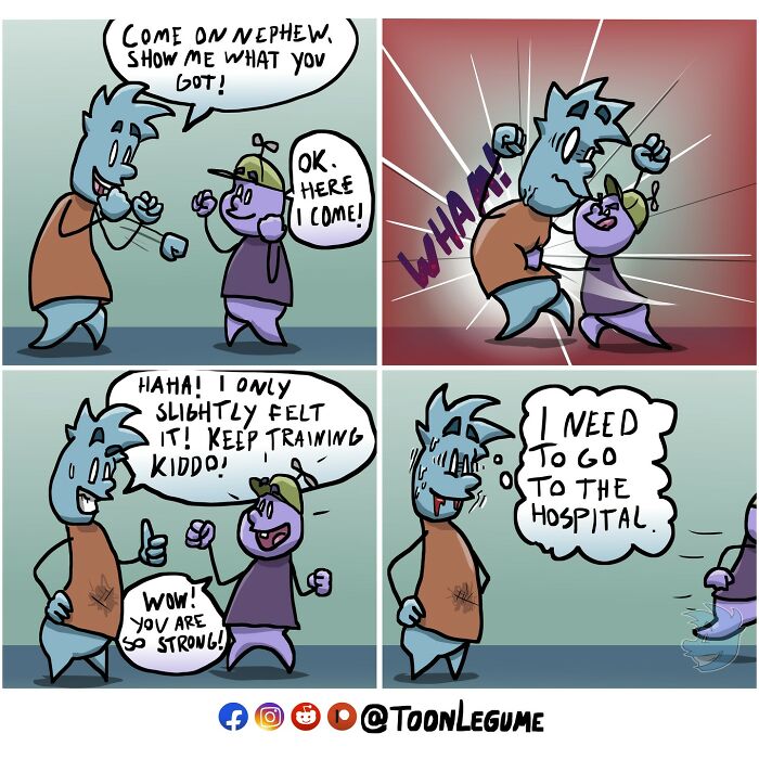 Comic artist’s illustration capturing life’s awkward and absurd moments with playful characters in a humorous boxing scene.