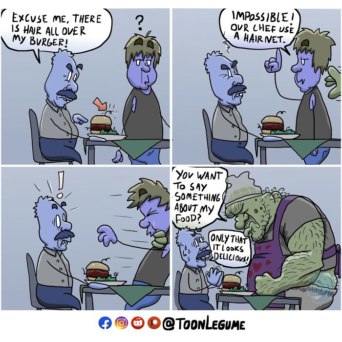 Comic artist illustrates life’s awkward moments with a humorous scene about a hair in a burger complaint.