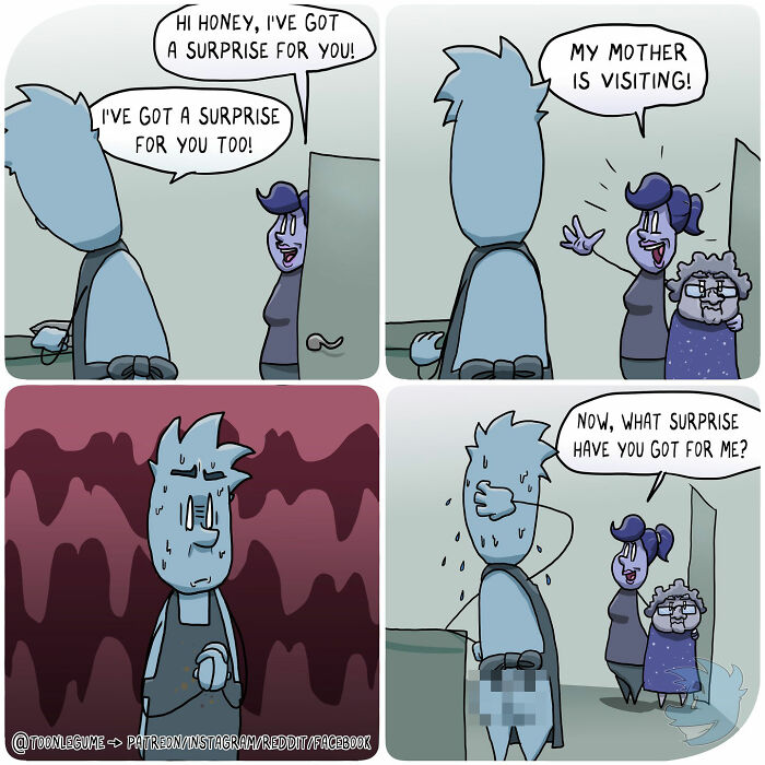 Comic artist illustrates awkward and absurd life moments with humorous surprise visits and unexpected reactions in four-panel format.