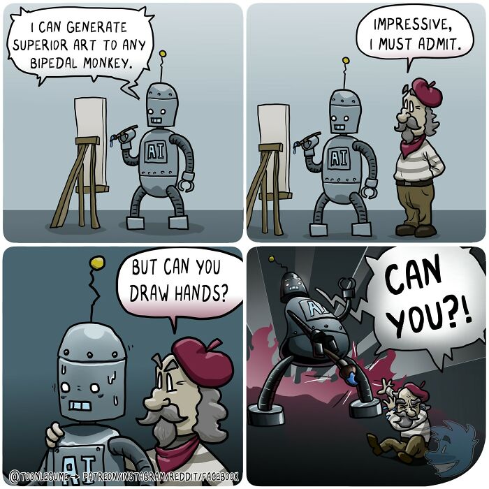 Comic artist humor depicting a robot claiming to create art but struggling with drawing hands, capturing awkward and absurd moments.