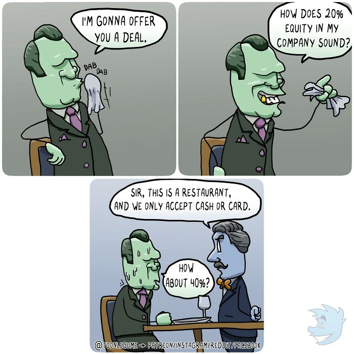 Comic artist captures life's awkward and absurd moments with a man humorously offering company equity as payment in a restaurant.