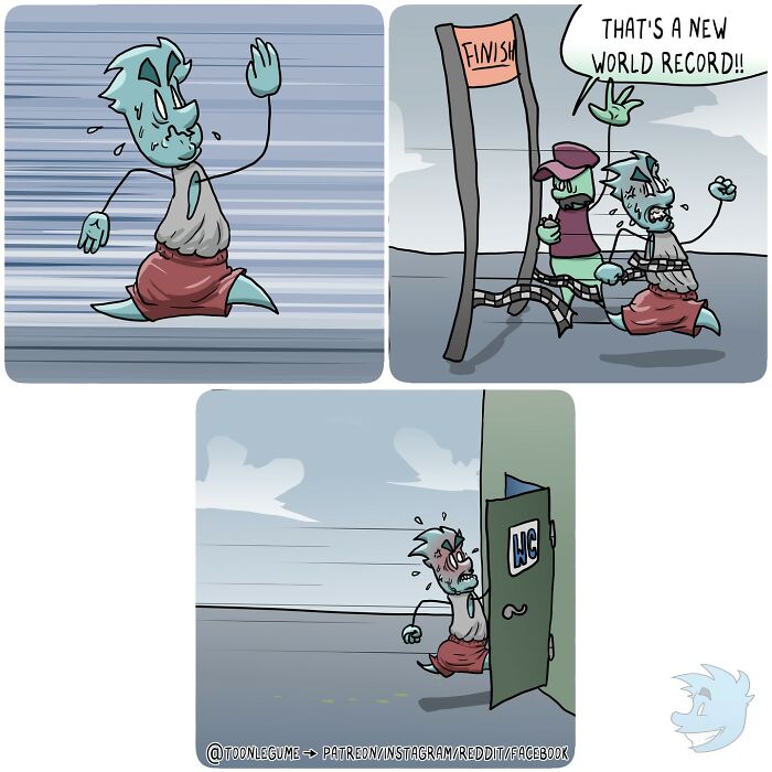 Comic art captures life’s awkward moments with a runner breaking a world record but rushing to the bathroom in a funny scene.