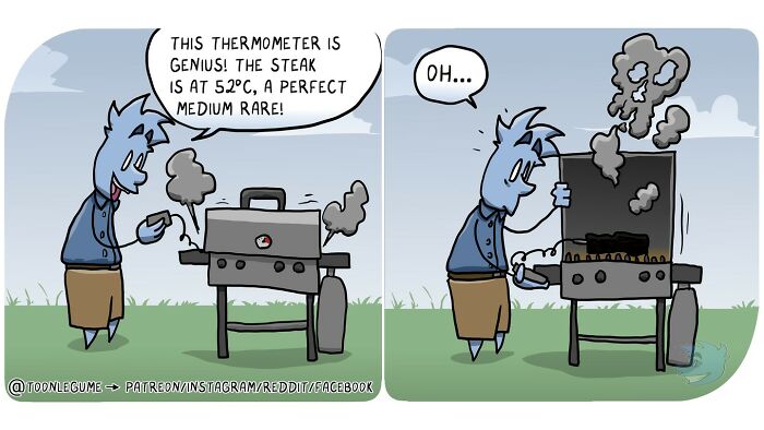 Comic artist captures awkward grill moment as character’s steak overcooks despite using a thermometer for perfect cooking.