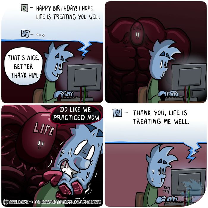 Comic artist illustrating awkward and absurd moments in life through a character struggling to respond sincerely online.