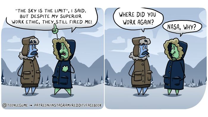 Comic artist captures awkward and absurd moments with humorous characters discussing unusual job struggles outdoors.