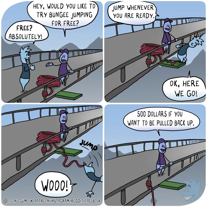 Comic artist illustrating life's awkward and absurd moments with a humorous bungee jumping scene on a bridge.