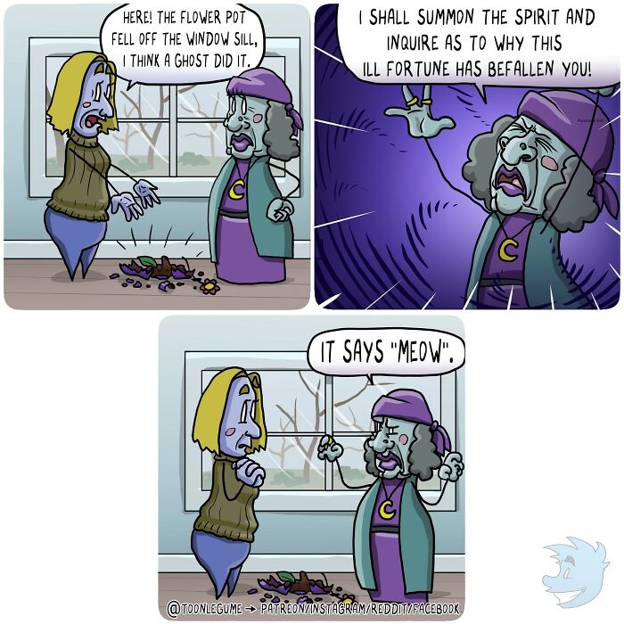 Comic artist captures life’s awkward and absurd moments with humorous scenes of characters reacting to a broken flower pot and ghost talk.