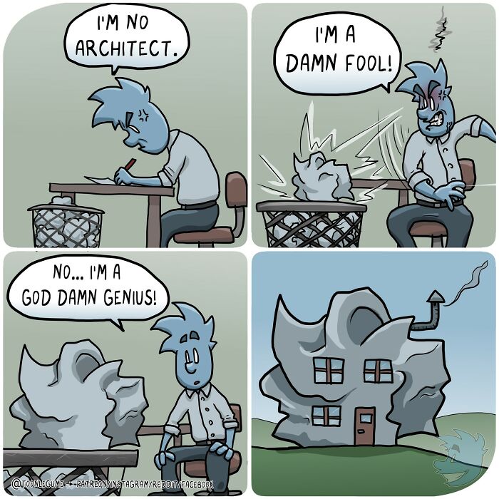 Comic artist captures awkward moments as character struggles with drawing, then creates a bizarre, absurd house design.