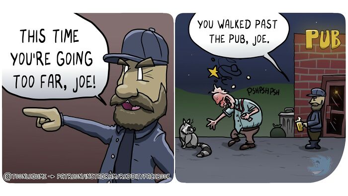 Comic artist capturing awkward and absurd life moments shows man stumbling outside pub while another points accusingly.