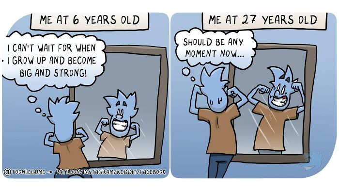 Comic artist illustrating life’s awkward and absurd moments with humorous reflections on growing up and expectations.