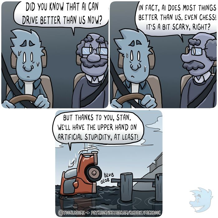 Comic artist humorously captures awkward and absurd moments with AI driving and artificial stupidity in a dark car ride scene.