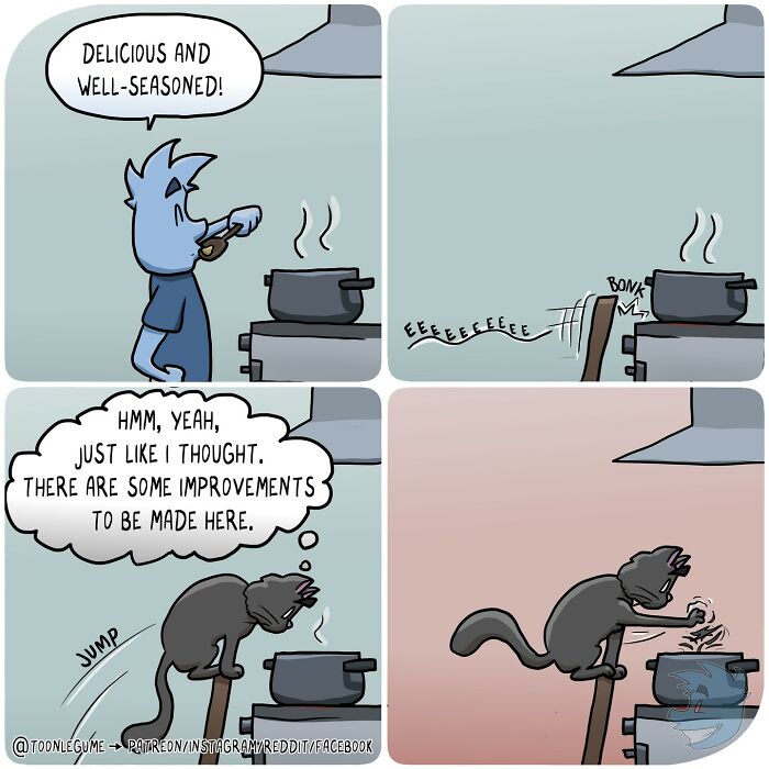 Comic artist capturing life’s awkward and absurd moments showing a cat testing and critiquing food cooking on stove.