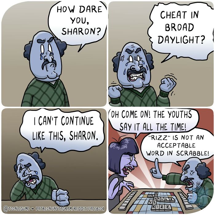 Cartoon comic artist captures awkward and absurd moments as two characters argue over Scrabble rules and cheating.
