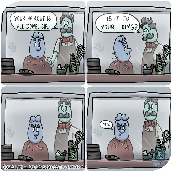 Comic artist illustration showing a customer awkwardly approving a haircut, capturing life’s awkward and absurd moments.
