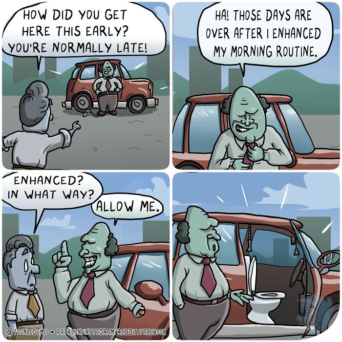 Comic artist humor showing awkward and absurd moments with characters in a car and a toilet in a funny morning routine scene.