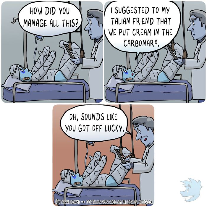 Comic artist captures awkward and absurd moments with a humorous hospital scene involving a bandaged patient and doctor.