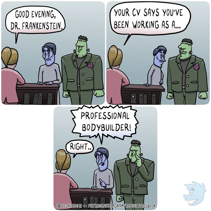 Comic artist humorously captures life’s awkward moment as Frankenstein’s monster misinterprets a CV in a quirky scene.