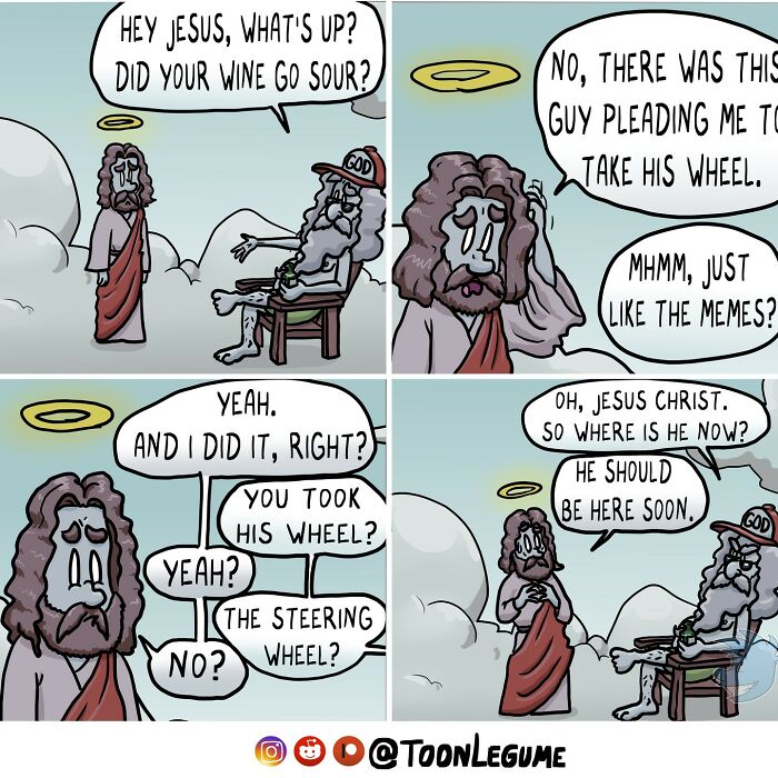 Comic artist’s illustration humorously capturing life’s awkward and absurd moments featuring Jesus and God in a cloud setting.