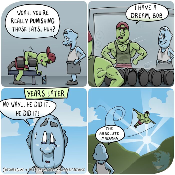 Cartoon comic artist capturing awkward and absurd life moments with humor in a gym and flying superhero scene.