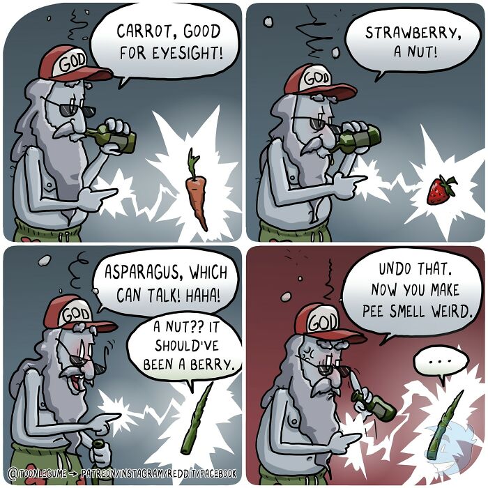 Comic artist humor showing awkward and absurd moments with vegetables and quirky dialogue about nuts and berries.