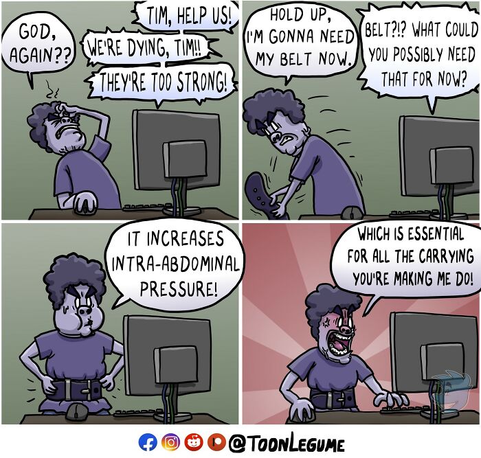 Comic artist illustrating awkward and absurd moments with a character struggling and humorously explaining his belt use.