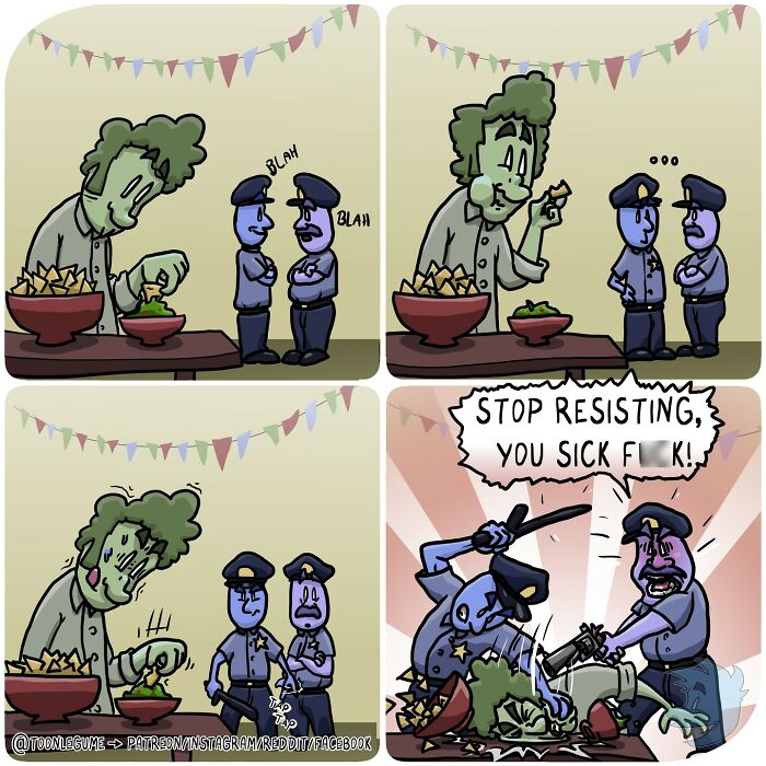 Comic artist cartoon showing awkward and absurd moments of a man and two police officers in a humorous scene.