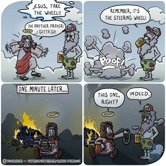 Comic artist’s humorous cartoon capturing life’s awkward and absurd moments with characters in a chaotic scene.