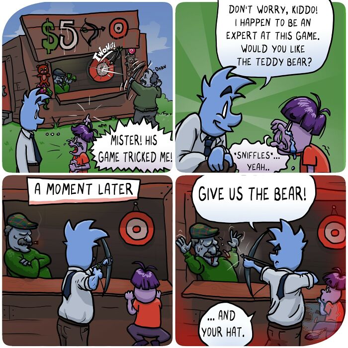 Comic artist captures awkward and absurd moments as characters face a tricky carnival game and unexpected demands.