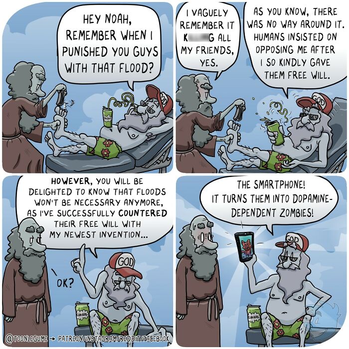 Comic artist humorously illustrating life’s awkward and absurd moments with a modern take on biblical characters and technology.