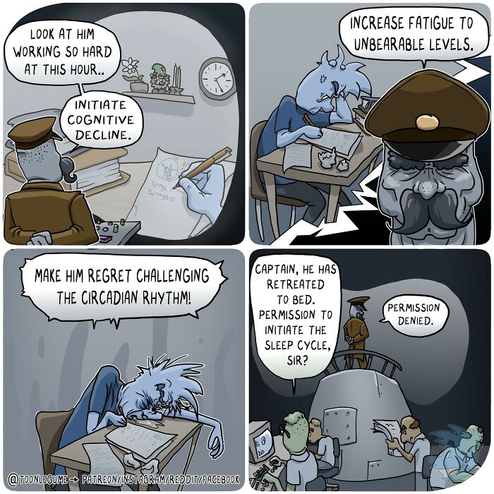 Comic artist illustrating life’s awkward and absurd moments with characters battling fatigue and cognitive decline at work.