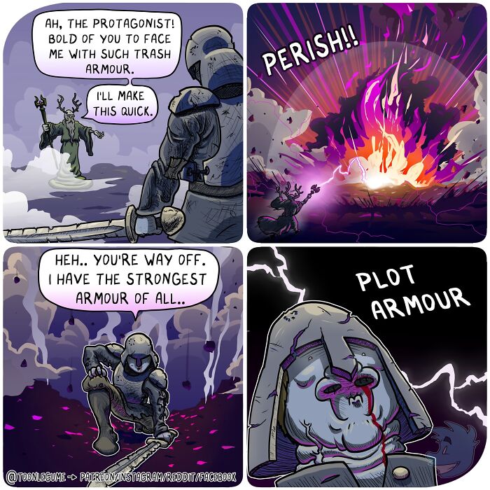 Comic artist's illustration humorously capturing life's awkward and absurd moments with a knight and magical plot armor.