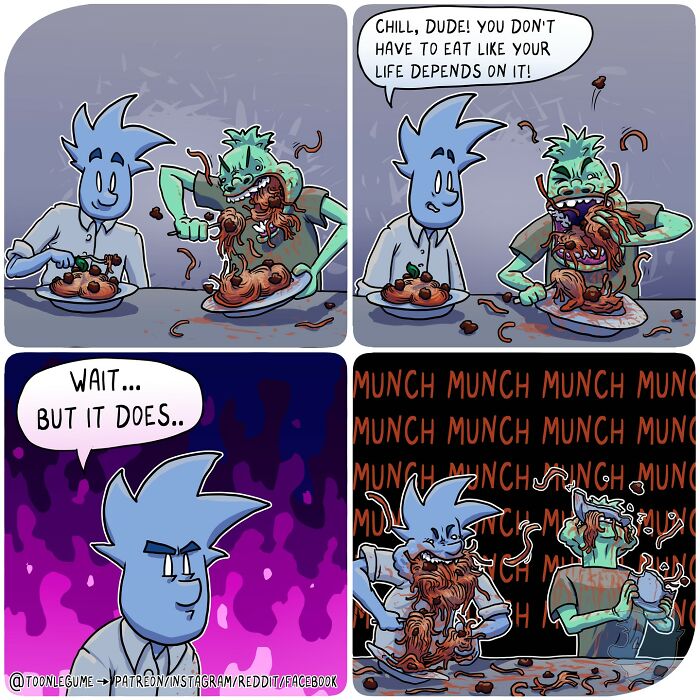 Comic artist illustration showing awkward and absurd moments of eating spaghetti with messy humor and vivid expressions.