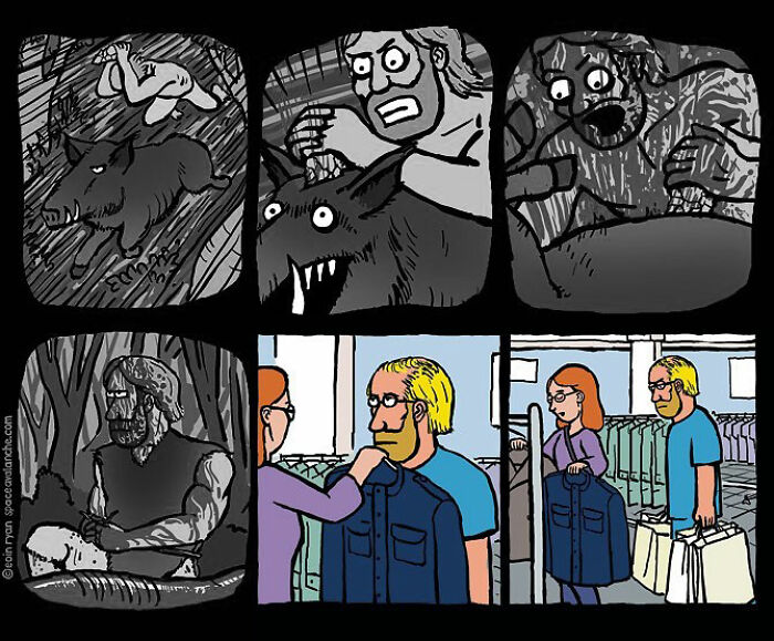 Darkly funny comics from Space Avalanche showing intense and quirky scenes with a peculiar sense of humor in cartoon style.