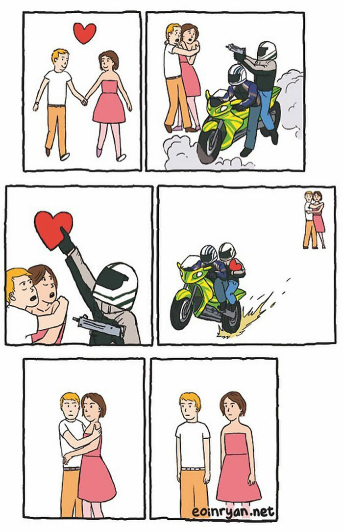 Darkly funny comic showing a couple, a heart being stolen by motorcycle robbers, and the couple left apart.