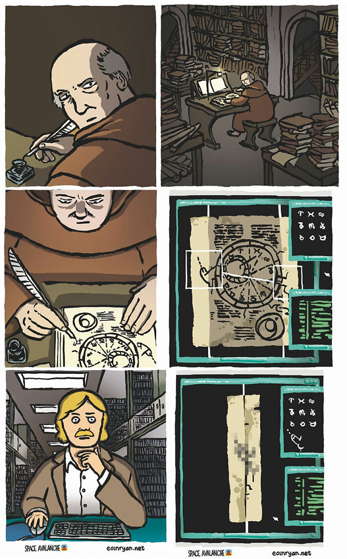 Darkly funny comic panels showing a monk and a researcher analyzing ancient mysterious documents in a library.