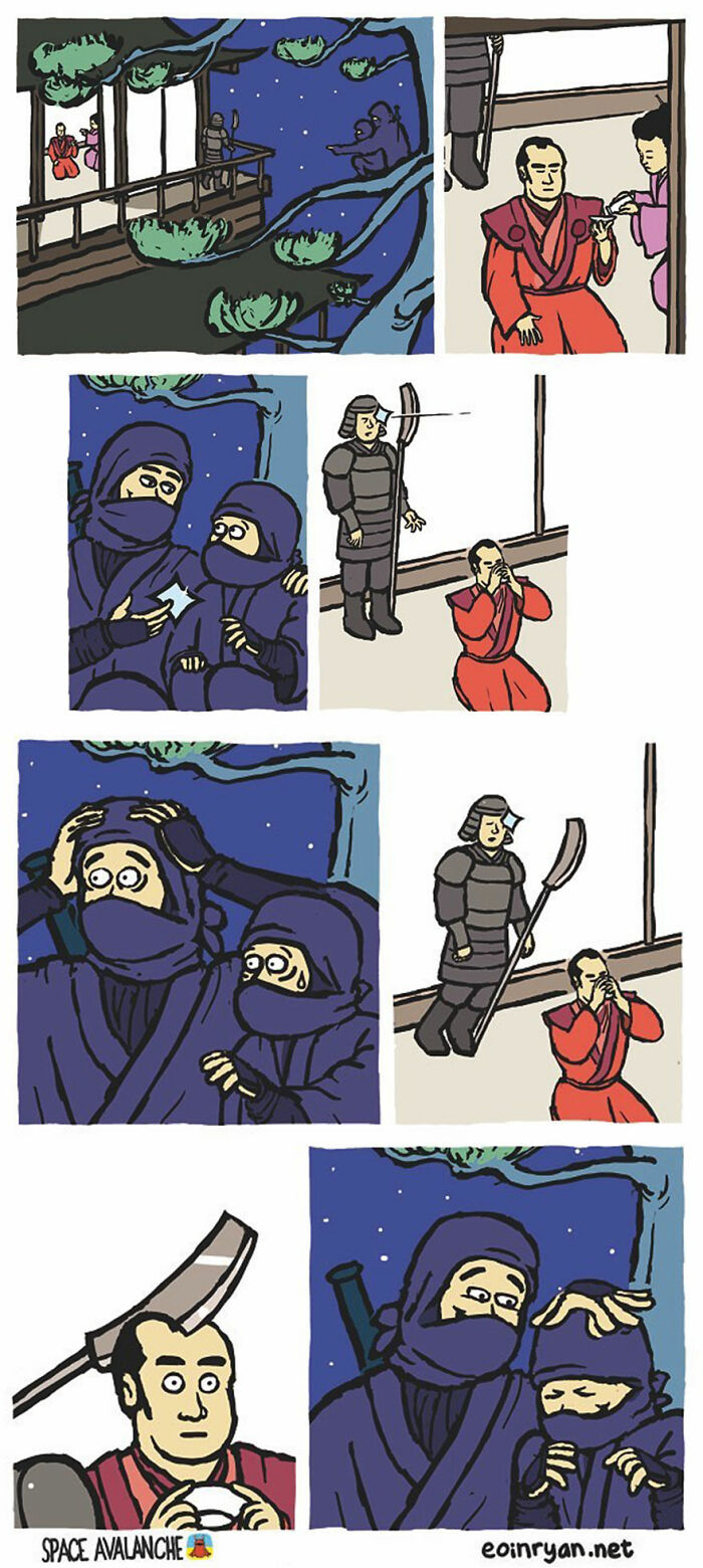 Darkly funny comic panels from Space Avalanche showing ninjas, samurai, and humorous historical shenanigans at night.