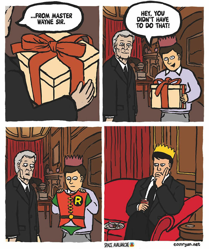 Darkly funny comic from Space Avalanche shows a gift exchange with Batman and Robin costume and a thoughtful man in a crown.