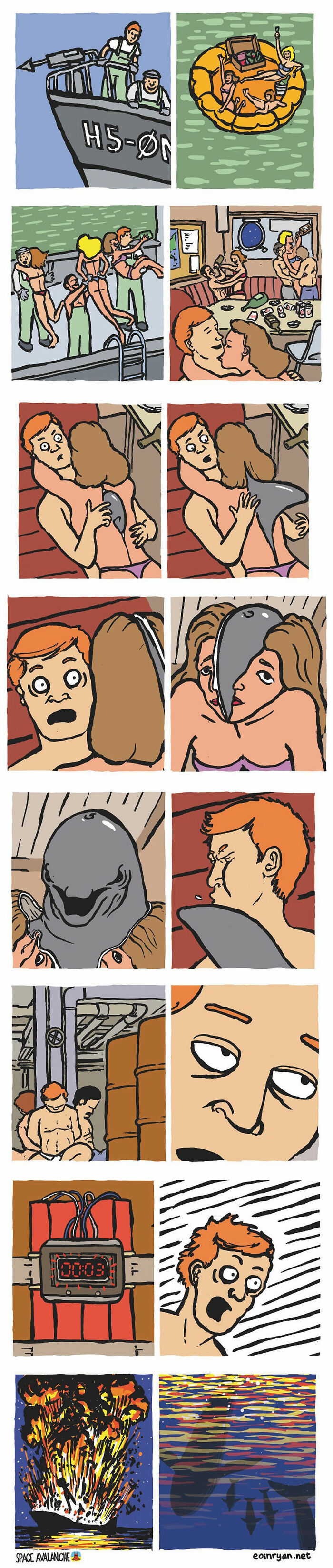 Darkly funny comic panels from Space Avalanche depicting a peculiar sense of humor with unexpected and surreal twists.